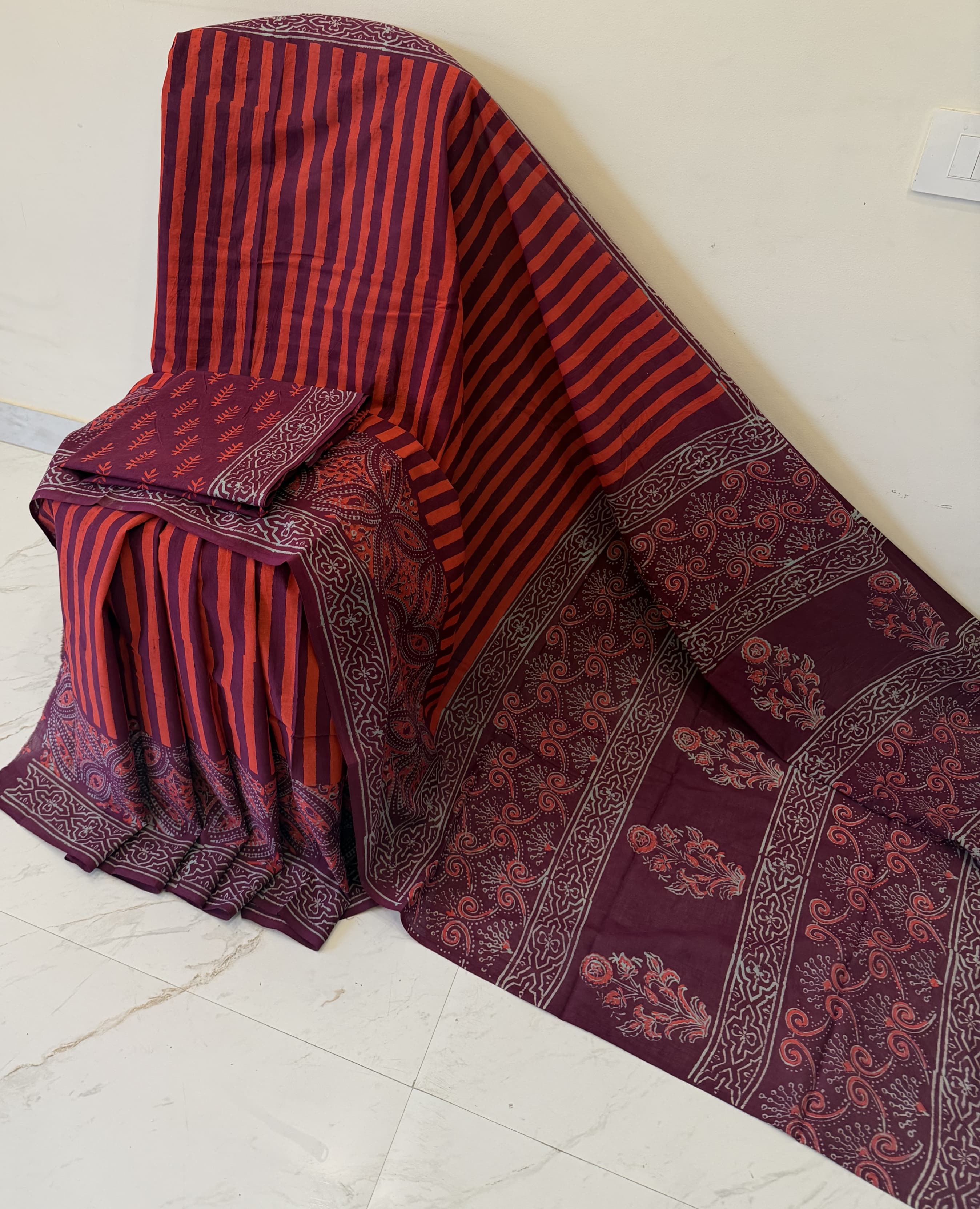 Cotton mulmul handblock printed saree wholesale in maroon striped Ajrakh pattern